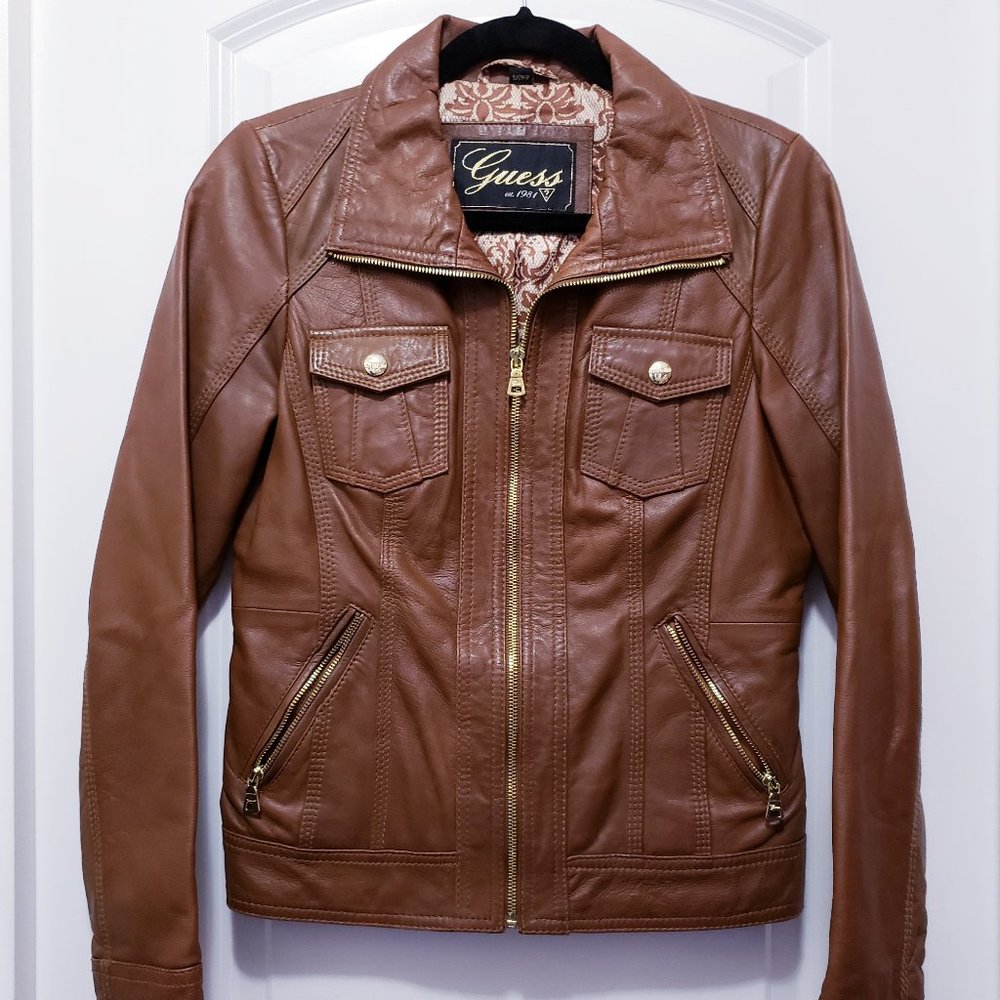 Genuine Brown Leather Jacket by Guess - Preloved and gently worn
